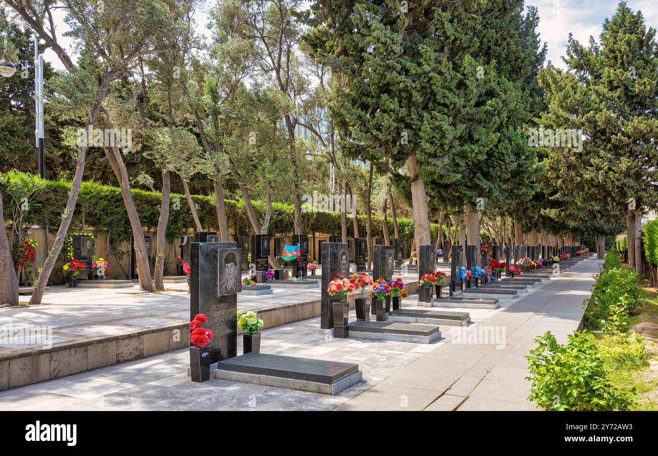 Baku, Azerbaigian - 6 maggio 2024: Il vicolo dei Martiri, adornato da ritratti commemorativi tra alberi lussureggianti e un ambiente tranquillo Foto Stock