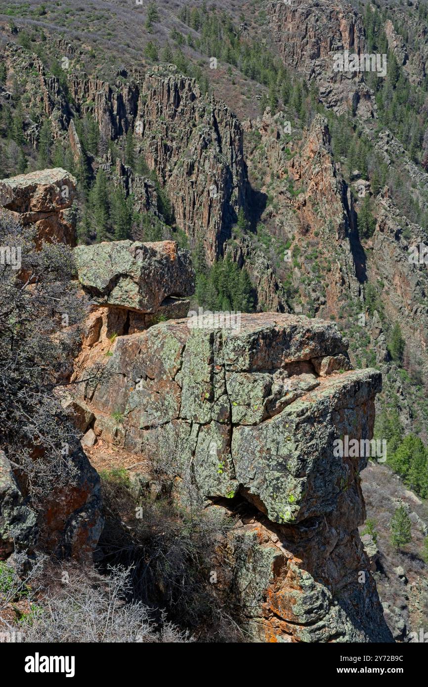 Formazioni rocciose cesellate ricoperte di licheni del Black Canyon Foto Stock