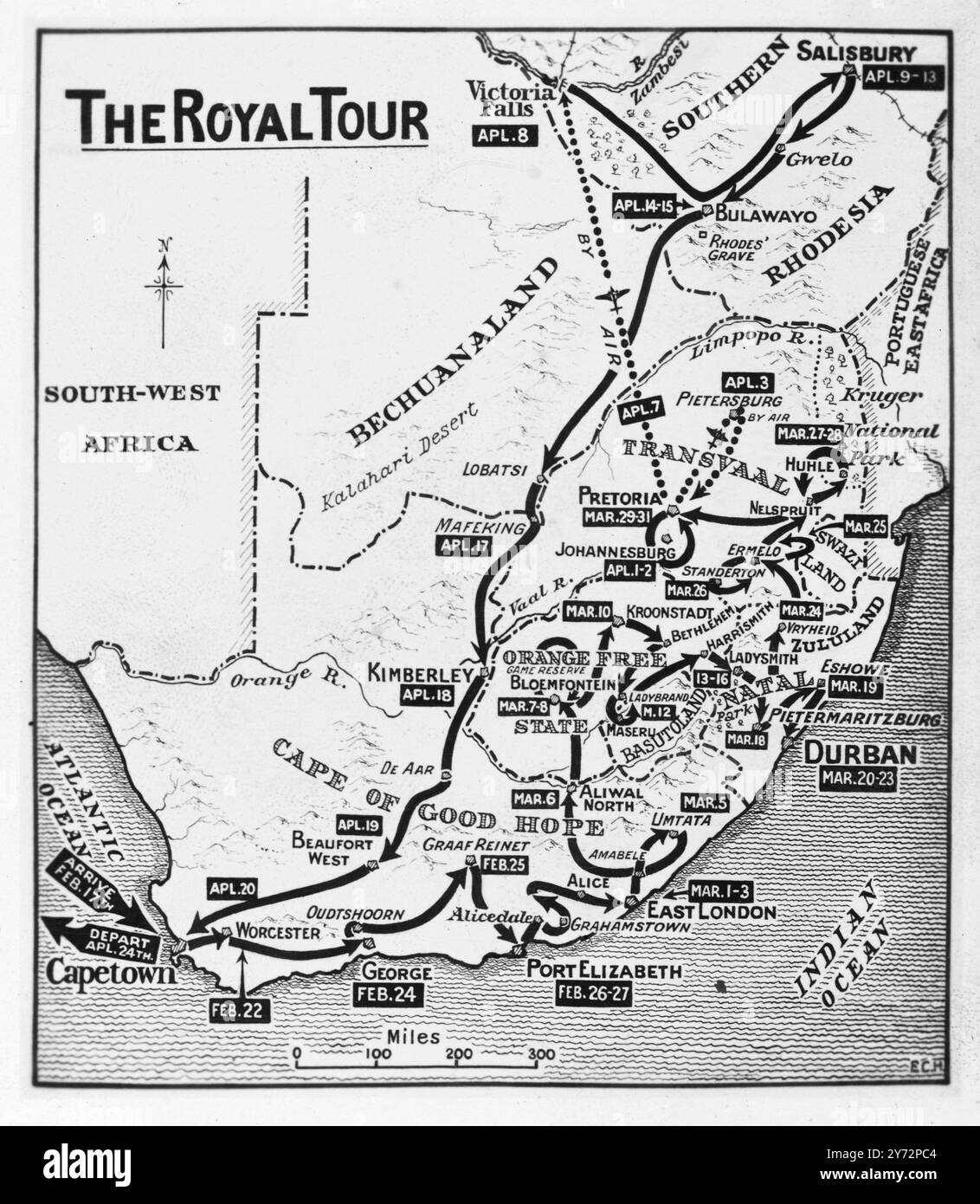 Mappa del Royal Tour. Questa cartina appositamente preparata per il PA , foto di Reuter, mostra in dettaglio il complesso itinerario che sarà seguito dalle loro Maestie il Re, la Regina e le Principesse durante la loro visita in Sud Africa e Rhodesia meridionale, a partire dall'arrivo della HMS Vanguard a città del Capo il 17 febbraio e terminando il 24 aprile. 9 febbraio 1947 Foto Stock