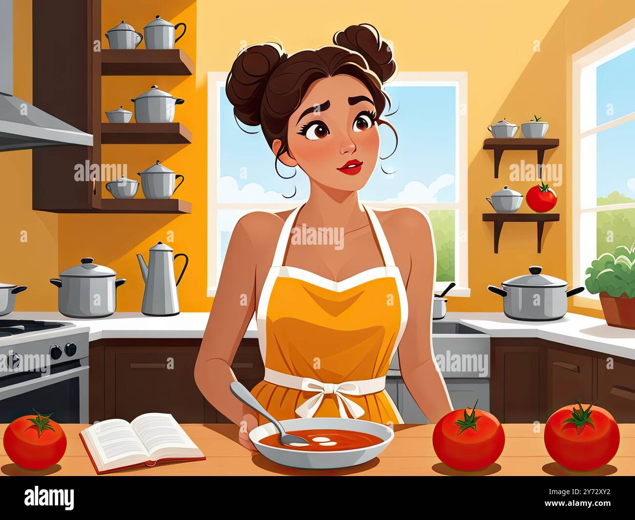 Illustrazione piatta stilizzata di una donna premurosa in una cucina accogliente e moderna, circondata da libri di ricette aperti e utensili sparsi, con un pu Foto Stock