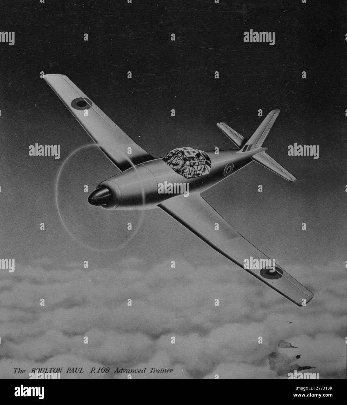 L'istruttore avanzato Boulton Paul P 108. Il nuovo velivolo da addestramento costruito per la Royal Air Force dalla Boulton Paul Aircraft Ltd, di Wolverhampton, avrà sia propulsione a elica che a getto. Sarà alimentato da un nuovo tipo di motore a turbina a gas, che secondo quanto affermato, accelera il decollo, facilita la movimentazione ad altitudini inferiori, elimina le vibrazioni e riduce il peso dell'aeromobile. Foto, un disegno di un nuovo aereo da addestramento in costruzione. 15 agosto 1946 Foto Stock