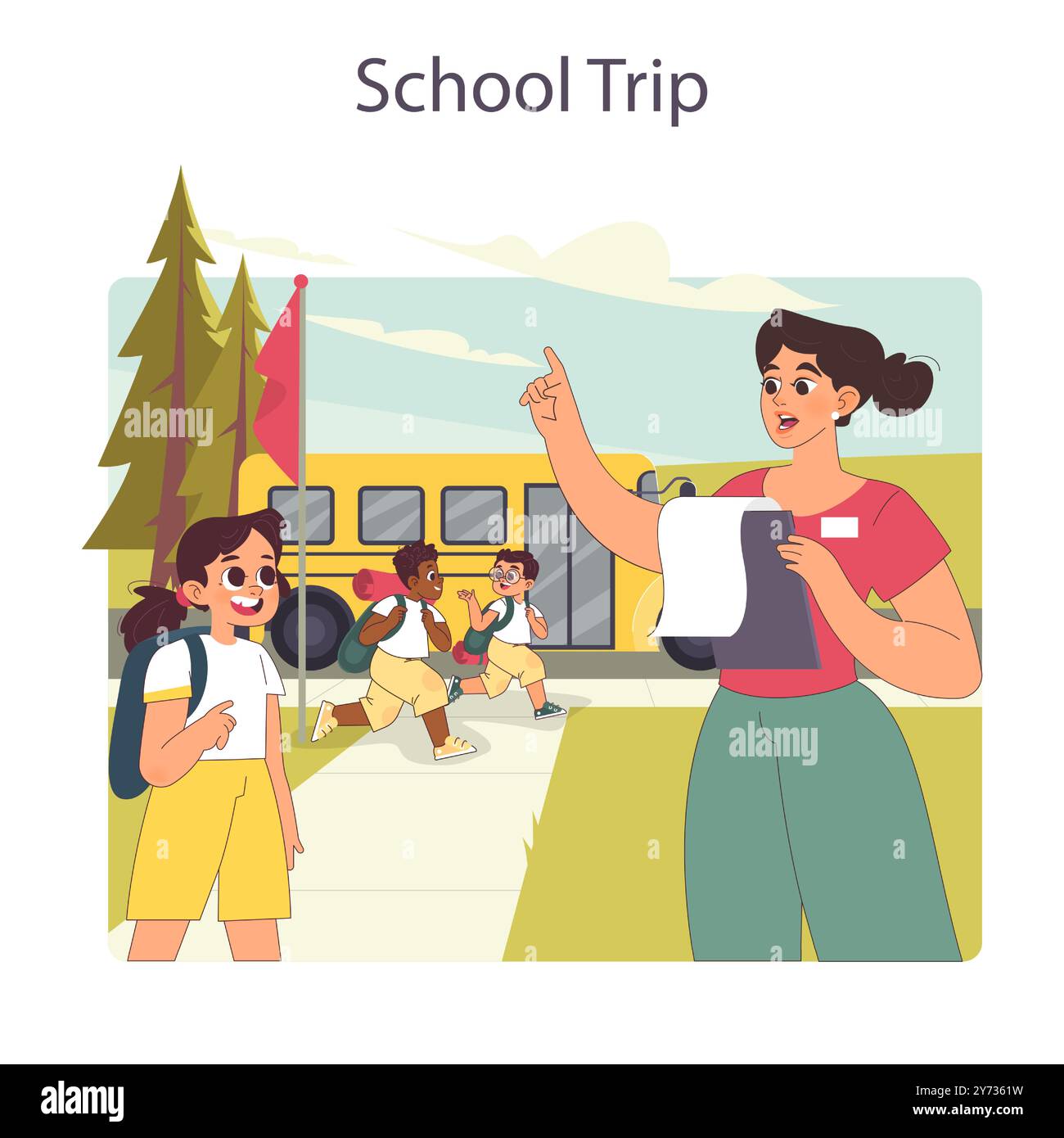 Gita scolastica. Vacanze in scuolabus. Avventura in vacanza con compagni di classe e amici. Viaggio in campagna con insegnante. Illustrazione vettoriale piatta Illustrazione Vettoriale