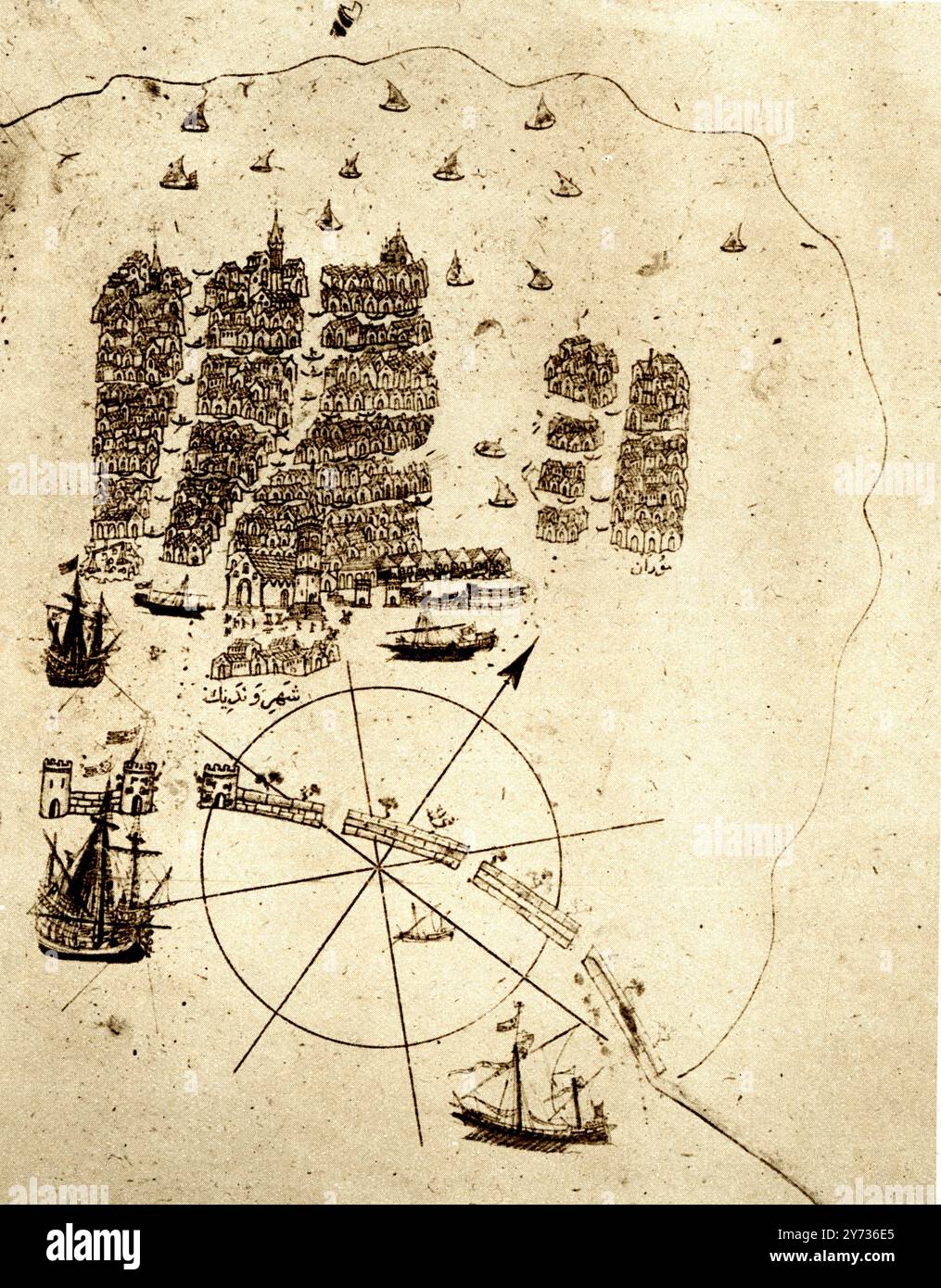 Venezia, come ammiraglio turco in pensione, la vide all'inizio del XVI cimitero: Una miniatura del lavoro geografico di Piri Reis sul Mediterraneo; mostrando un arsenale con la costruzione di galee; la laguna; e le gondole. 1513 Foto Stock