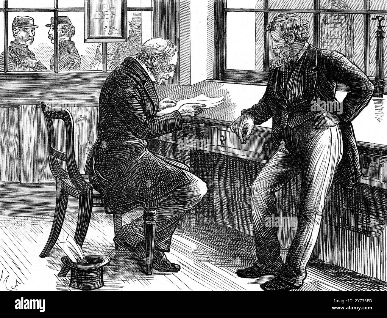 Detenuto con avvocato in sala consultiva presso Newgate Prison, Londra, Inghilterra 8 marzo 1873 Foto Stock