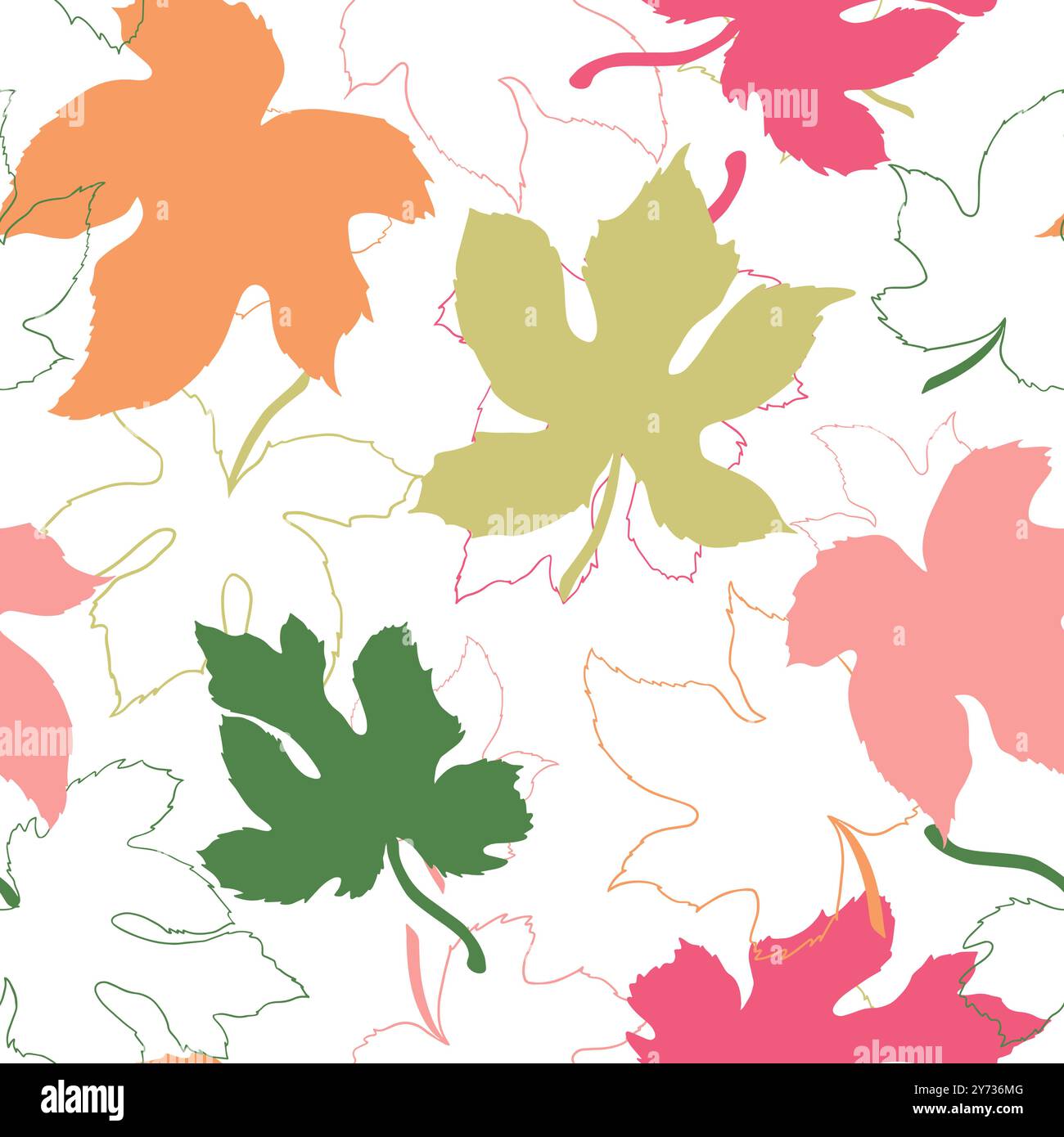 Pattern multistrato complesso e senza cuciture con foglie di fico - contorno colorato e incolore Illustrazione Vettoriale