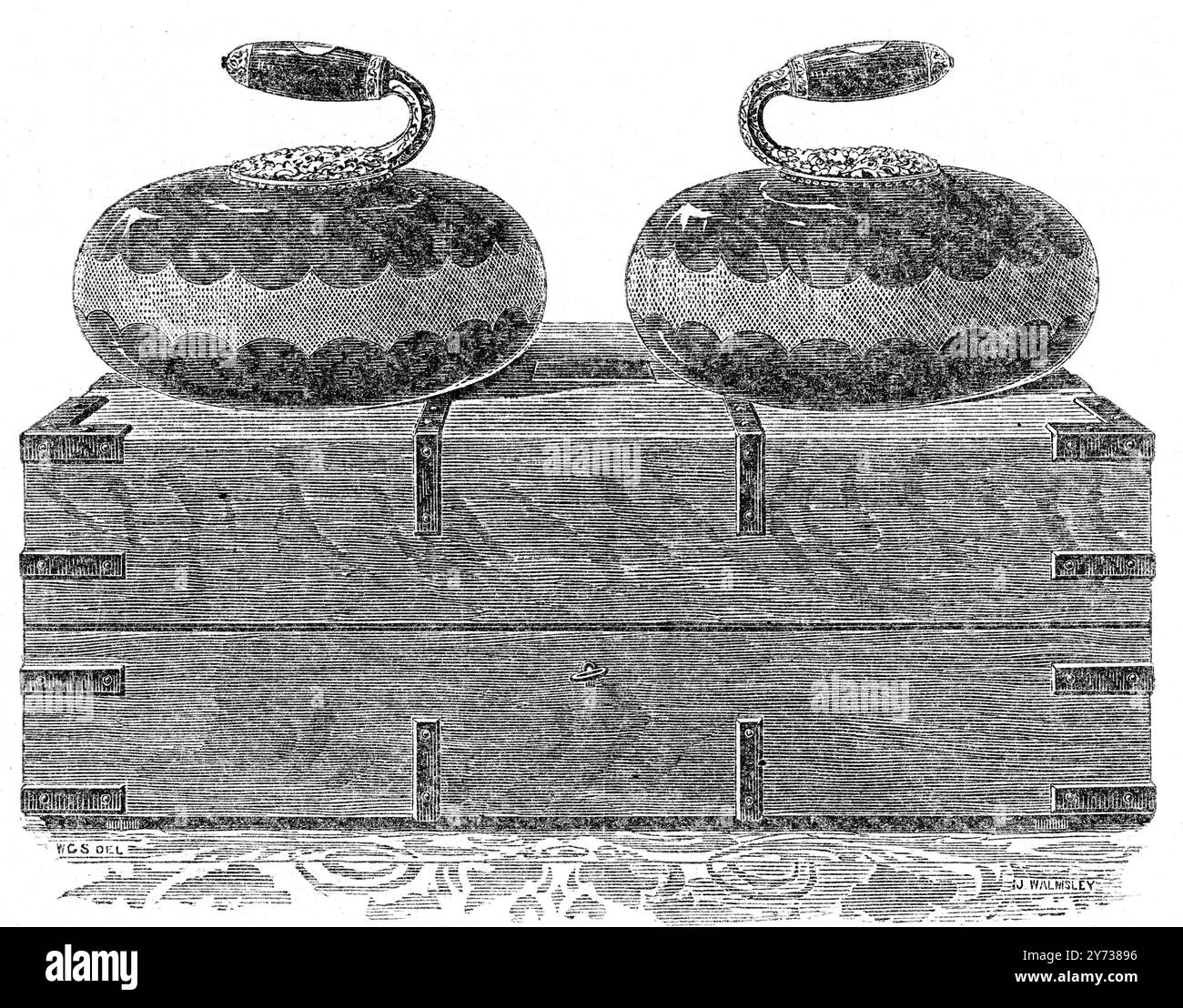 Coppia di pietre di curling presentate a S a R il Principe di Galles dal Royal Caledonian Curling Club dopo che sua altezza reale accettò la carica di patrono del club. 1862 Foto Stock