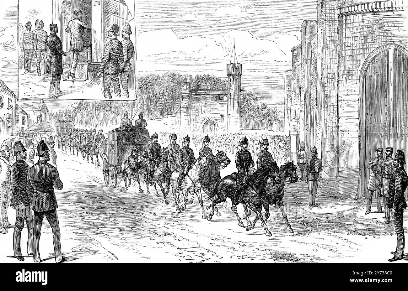 Il processo per omicidio di Phoenix Park a Dublino, Irlanda. Visti qui i prigionieri portati nella prigione di Kilmainham , e insettò Carey entrando nel furgone della prigione . 21 aprile 1883 Foto Stock