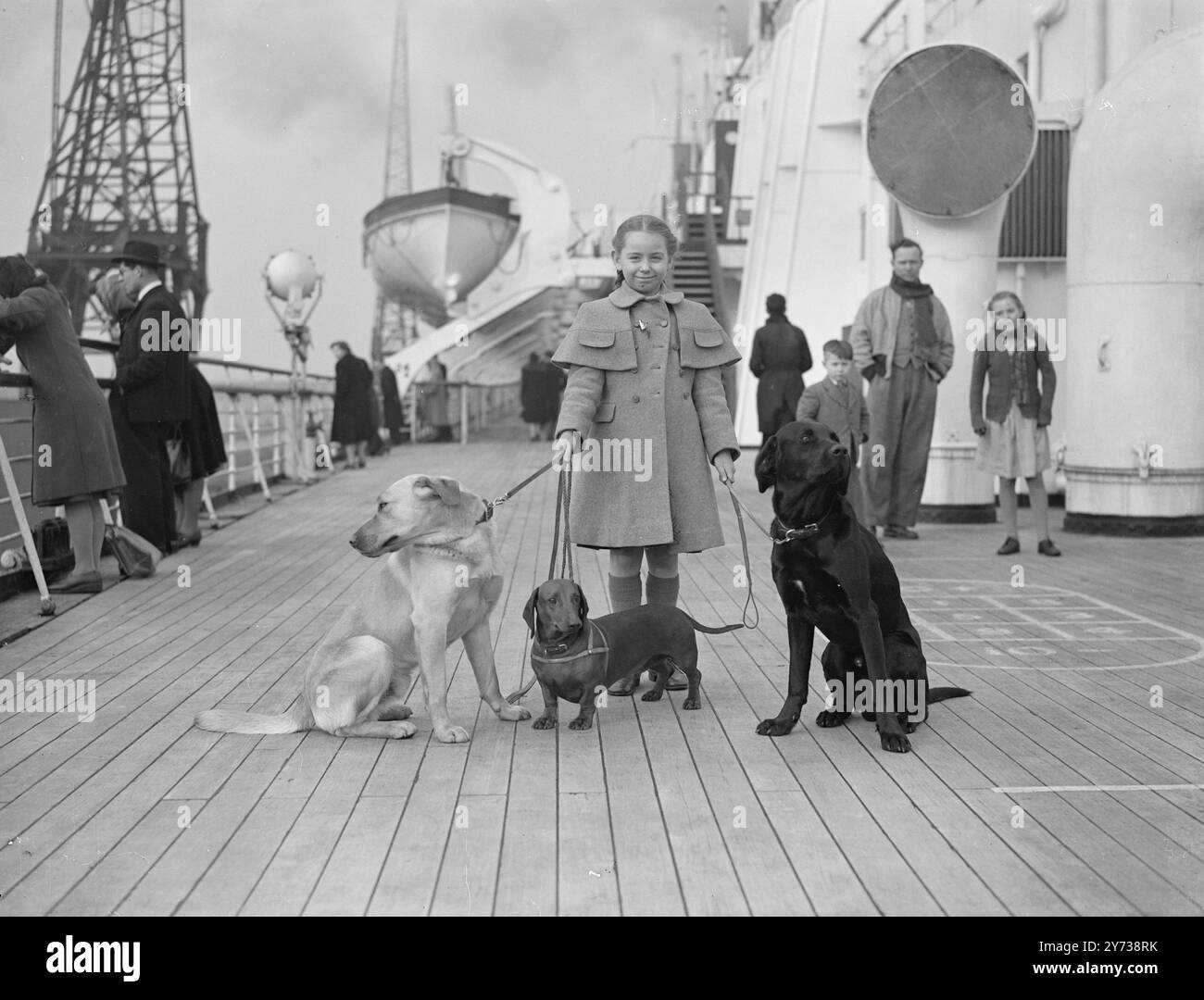 CASA degli Stati Uniti - GLI ANIMALI DOMESTICI VANNO CON LA SUA TINA COOPER - BENEDICT , la ragazza con testamento proprio , vista a bordo della Cunard White Star REGINA di linea MARY con i suoi animali domestici , che insistette per lasciare Southampton con lei per l' America . Sono da sinistra a destra :- ' ROB ROY'' , «SALSICCIA» e «FULMINE». La famiglia Cooper - Benedict vive a Hexham , Northumberland da tre anni e ora torna nella loro casa in Ohio . 9 marzo 1949 Foto Stock