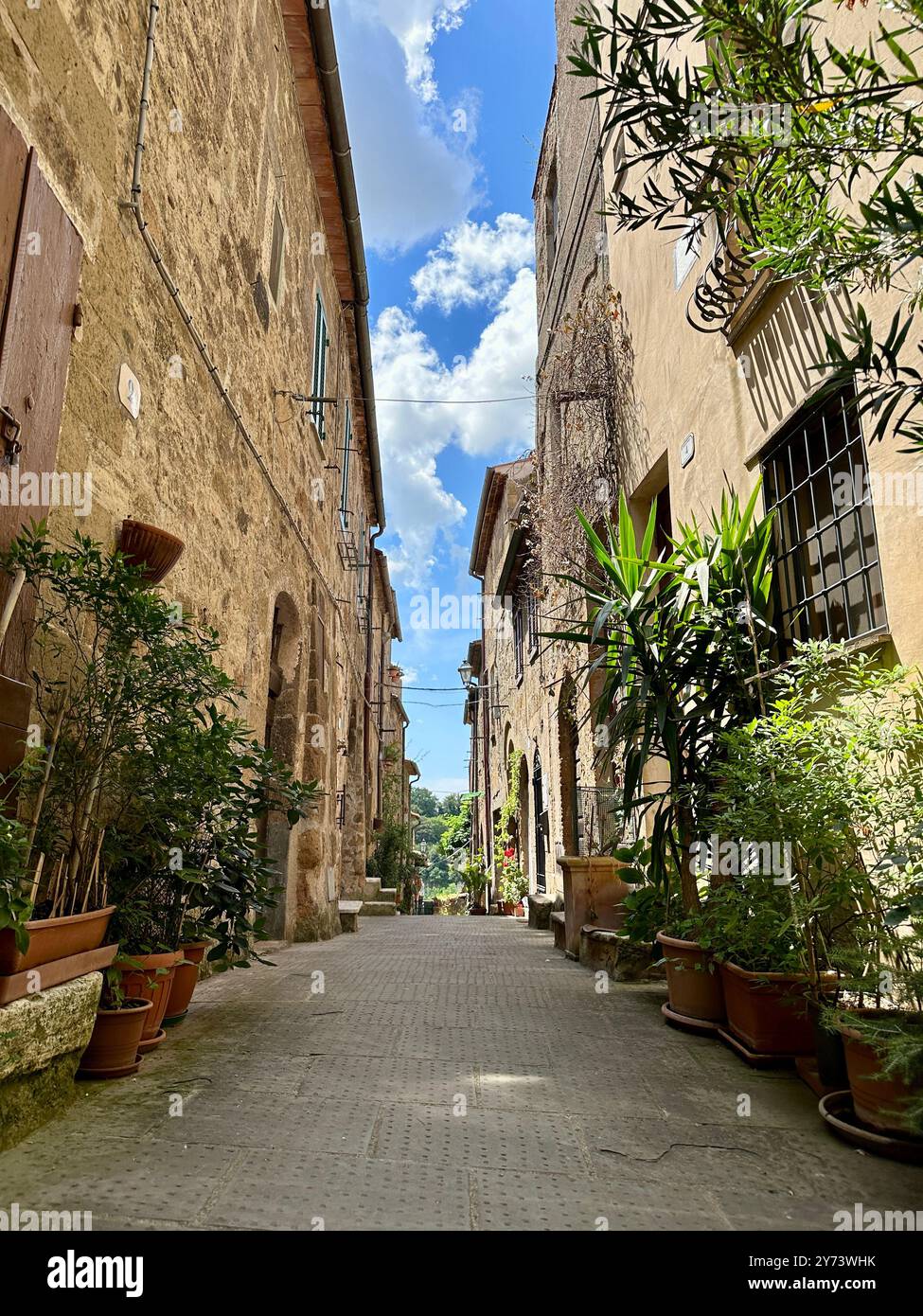 La fotografia raffigura un paesaggio medievale in pietra della città, che mostra dettagli architettonici in estate. Foto Stock