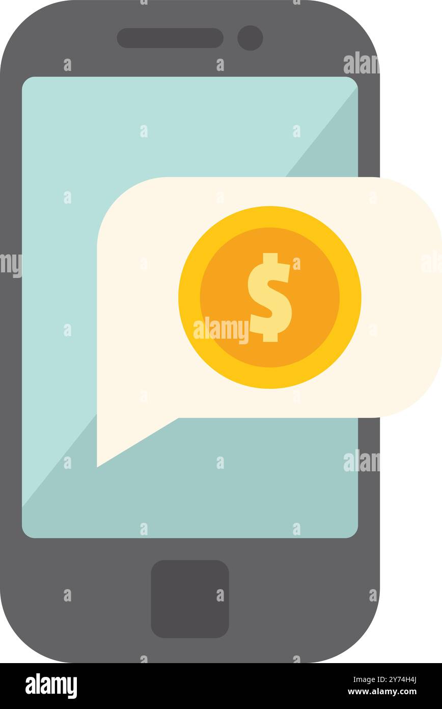 Concetto di mobile banking e pagamento online con smartphone che mostra il simbolo del denaro in una bolla vocale Illustrazione Vettoriale