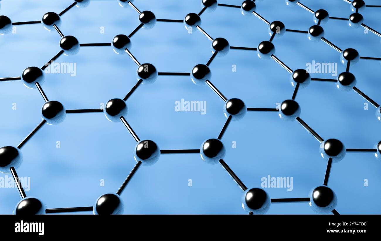 Illustrazione della struttura molecolare del grafene. Il grafene è un allotropo 2D di carbonio disposto in un reticolo a nido d'ape. Ha proprietà uniche come l'eccezionale conduttività termica, resistenza meccanica e conduttività elettrica. Foto Stock