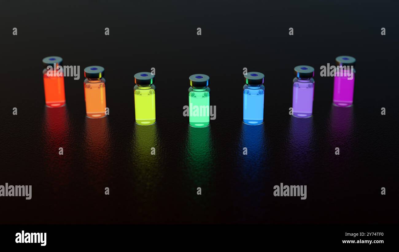 Illustrazione dei punti quantistici. I punti quantistici sono nanocristici semiconduttori con proprietà regolabili. Possono assorbire ed emettere varie lunghezze d'onda della luce all'interno dello spettro visibile. I punti quantistici sono utilizzati nell'imaging medico, nell'elaborazione quantistica, nei laser a diodi, nelle vendite solari e nei transistor. Foto Stock