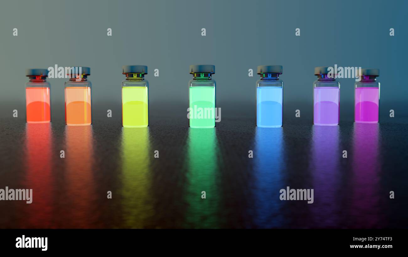 Illustrazione dei punti quantistici. I punti quantistici sono nanocristici semiconduttori con proprietà regolabili. Possono assorbire ed emettere varie lunghezze d'onda della luce all'interno dello spettro visibile. I punti quantistici sono utilizzati nell'imaging medico, nell'elaborazione quantistica, nei laser a diodi, nelle vendite solari e nei transistor. Foto Stock