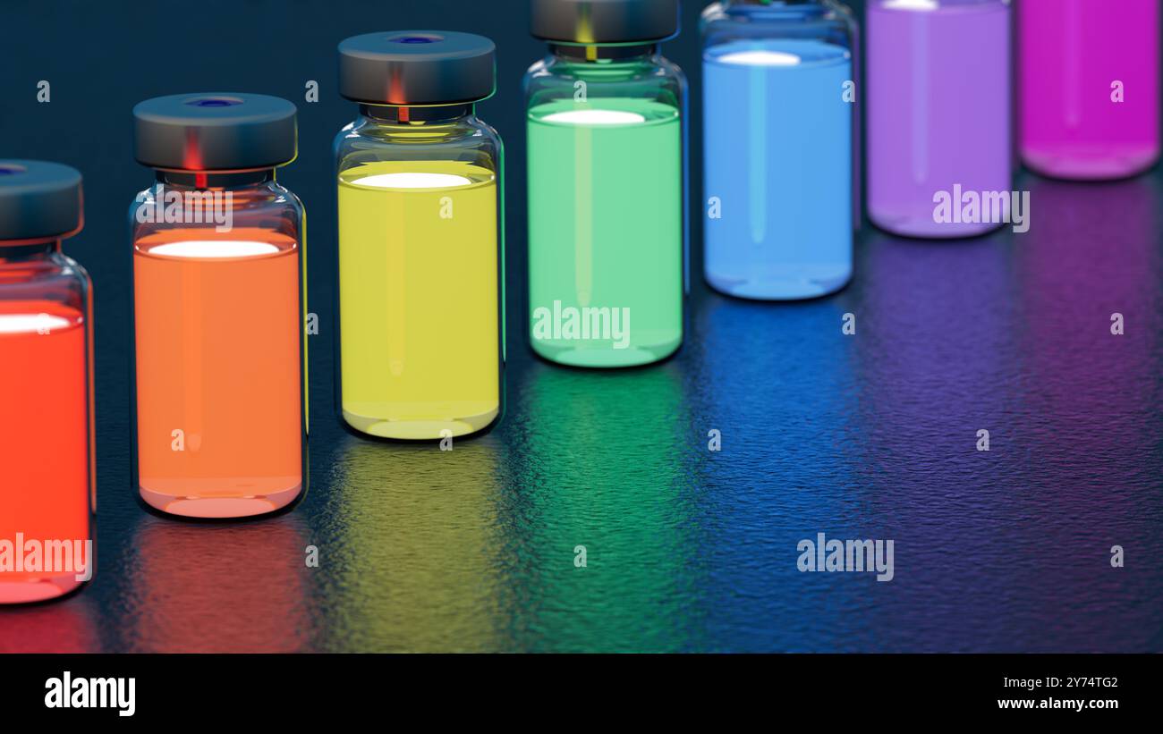 Illustrazione dei punti quantistici. I punti quantistici sono nanocristici semiconduttori con proprietà regolabili. Possono assorbire ed emettere varie lunghezze d'onda della luce all'interno dello spettro visibile. I punti quantistici sono utilizzati nell'imaging medico, nell'elaborazione quantistica, nei laser a diodi, nelle vendite solari e nei transistor. Foto Stock