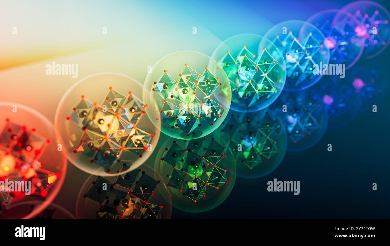 Illustrazione della tecnologia perovskite quantum dot. I punti quantistici sono nanocristici semiconduttori con proprietà regolabili. Possono assorbire ed emettere varie lunghezze d'onda della luce all'interno dello spettro visibile. I punti quantistici basati su materiali in perovskite mostrano eccellenti rese quantistiche fotoluminescenti e un'elevata purezza del colore. Sono molto promettenti per l'uso in display, sensori UV e dispositivi di illuminazione. Foto Stock