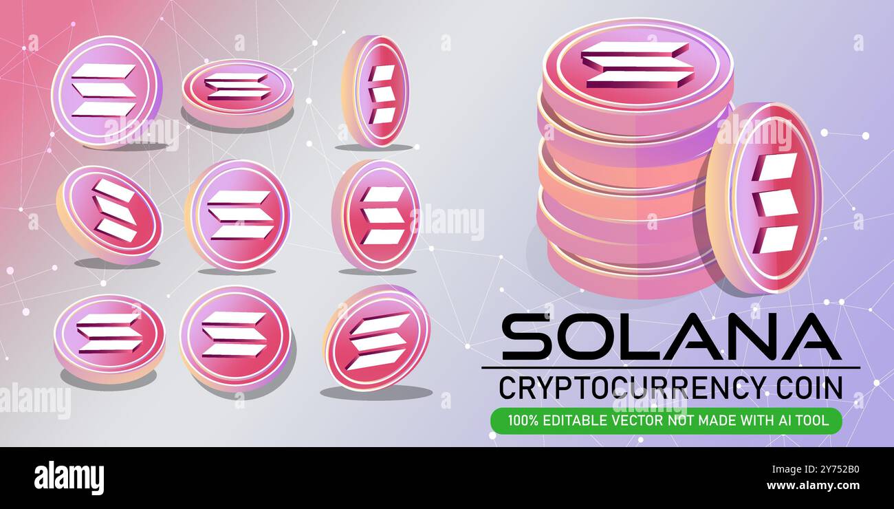 Set di illustrazioni vettoriali a moneta di criptovaluta Solana. Design modificabile di più monete di criptovaluta Solana, perfetto per blockchain e valuta digitale. Illustrazione Vettoriale