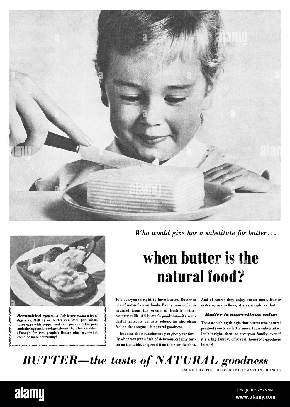 1959 pubblicità britannica per il burro, promossa dal Butter Information Council. Foto Stock