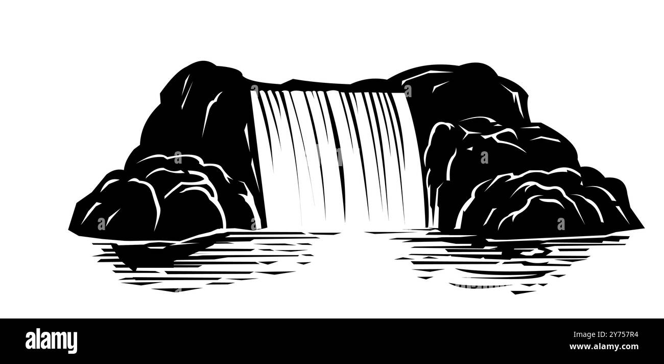 Piccola cascata. Acqua e ruscello. Bellissimo paesaggio. il fiume cade dalle rocce. Pietra e montagne. Immagine della silhouette nera isolata su bianco Illustrazione Vettoriale