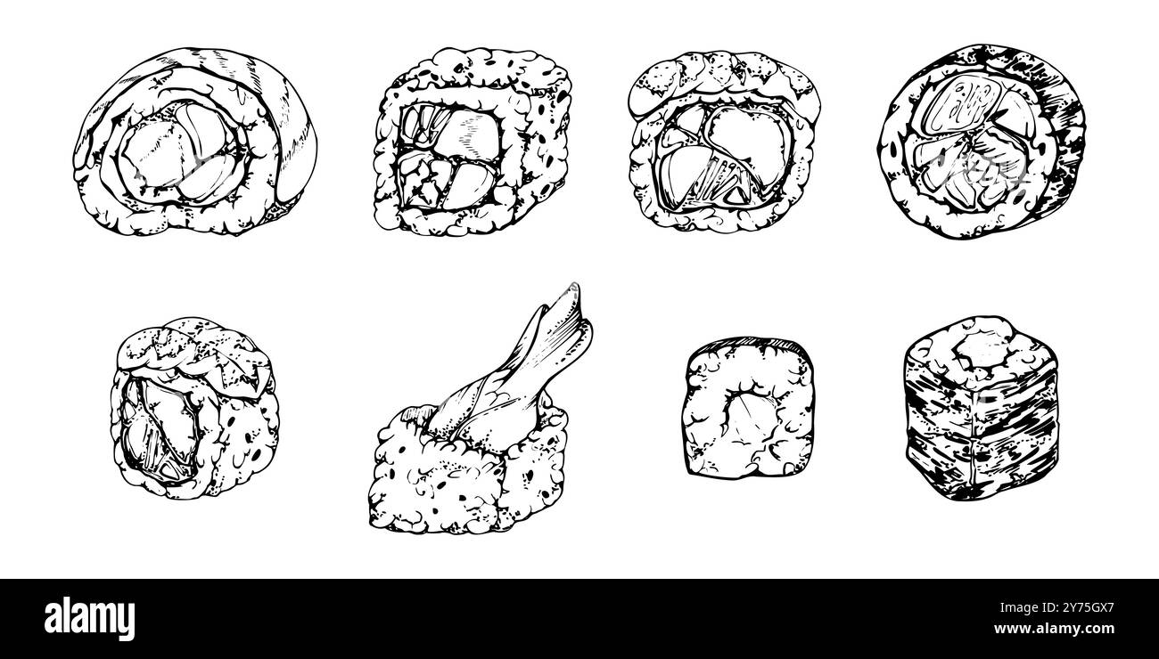 Cucina tradizionale giapponese, sushi roll californiani philadelphia alaska con pesce crudo salmone unagi gamberi di tonno, disegnati a mano in penna vettoriale e inchiostro. Set di Illustrazione Vettoriale