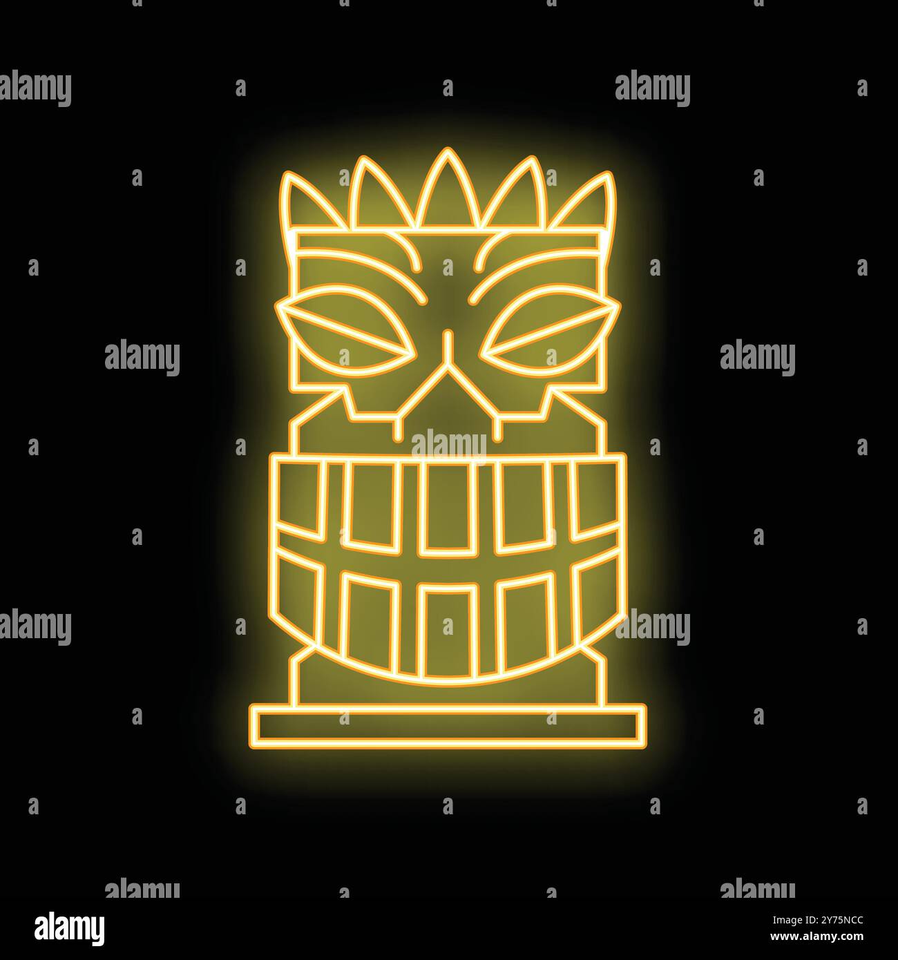 Insegna gialla al neon che rappresenta una statua tiki, su sfondo nero, ideale per turismo, decorazione o temi tropicali Illustrazione Vettoriale