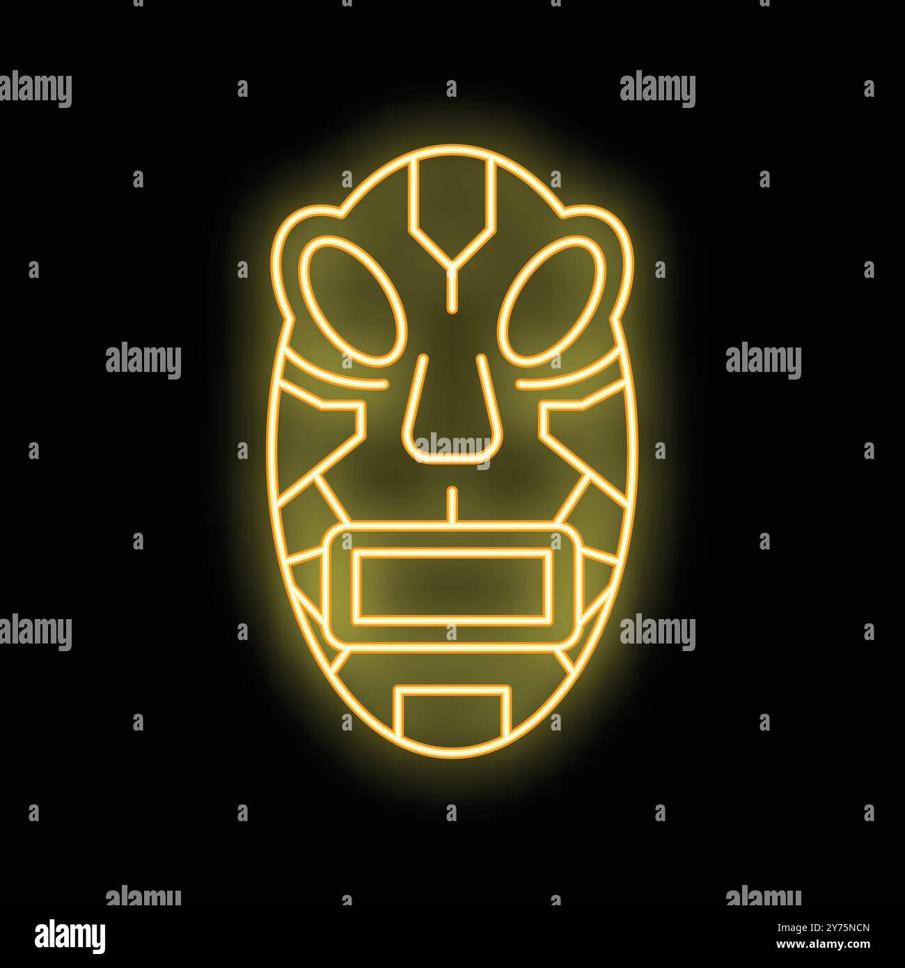 Maschera gialla al neon tribale tiki idol che si illumina su sfondo nero Illustrazione Vettoriale
