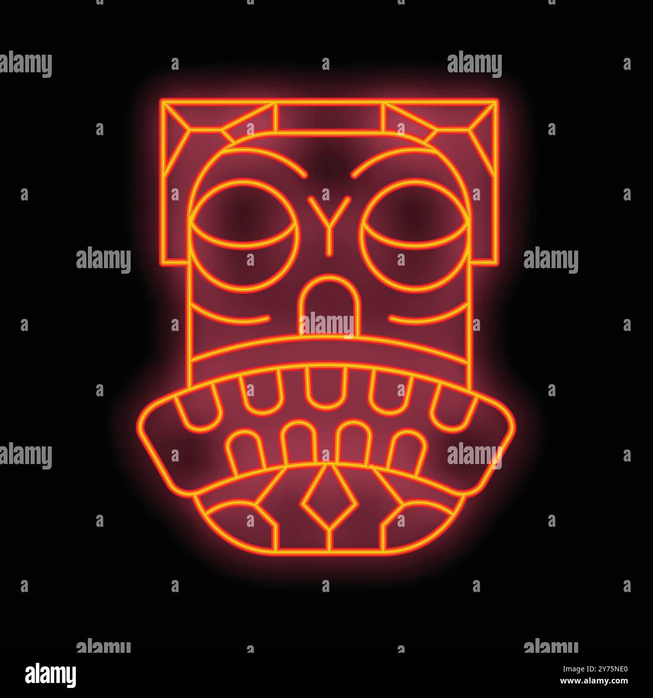 Insegna al neon luminosa raffigurante un idolo tiki con bocca grande e testa quadrata su sfondo nero Illustrazione Vettoriale