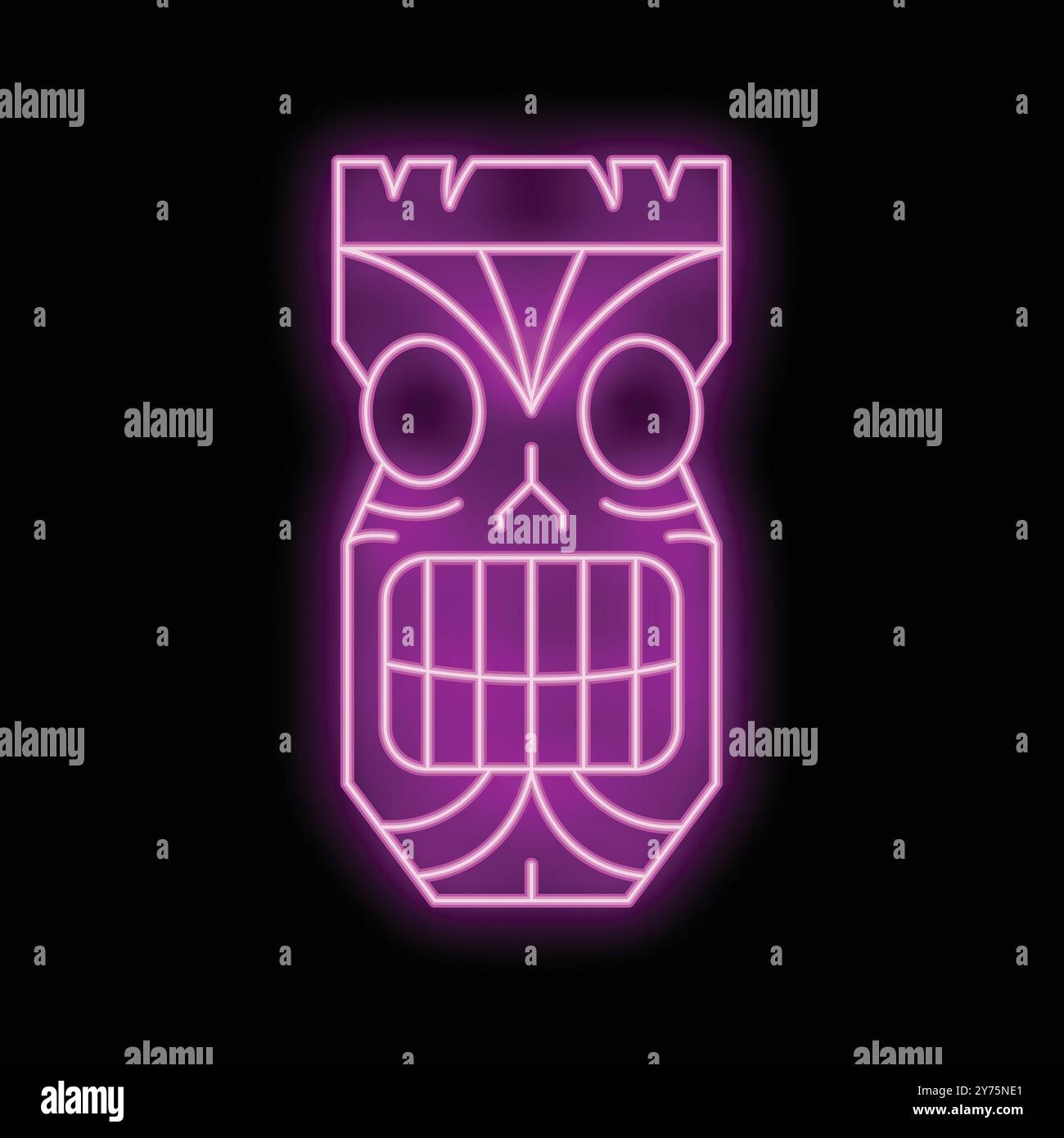 L'insegna al neon viola rappresenta una maschera tiki, un oggetto tradizionale nelle culture oceaniche Illustrazione Vettoriale