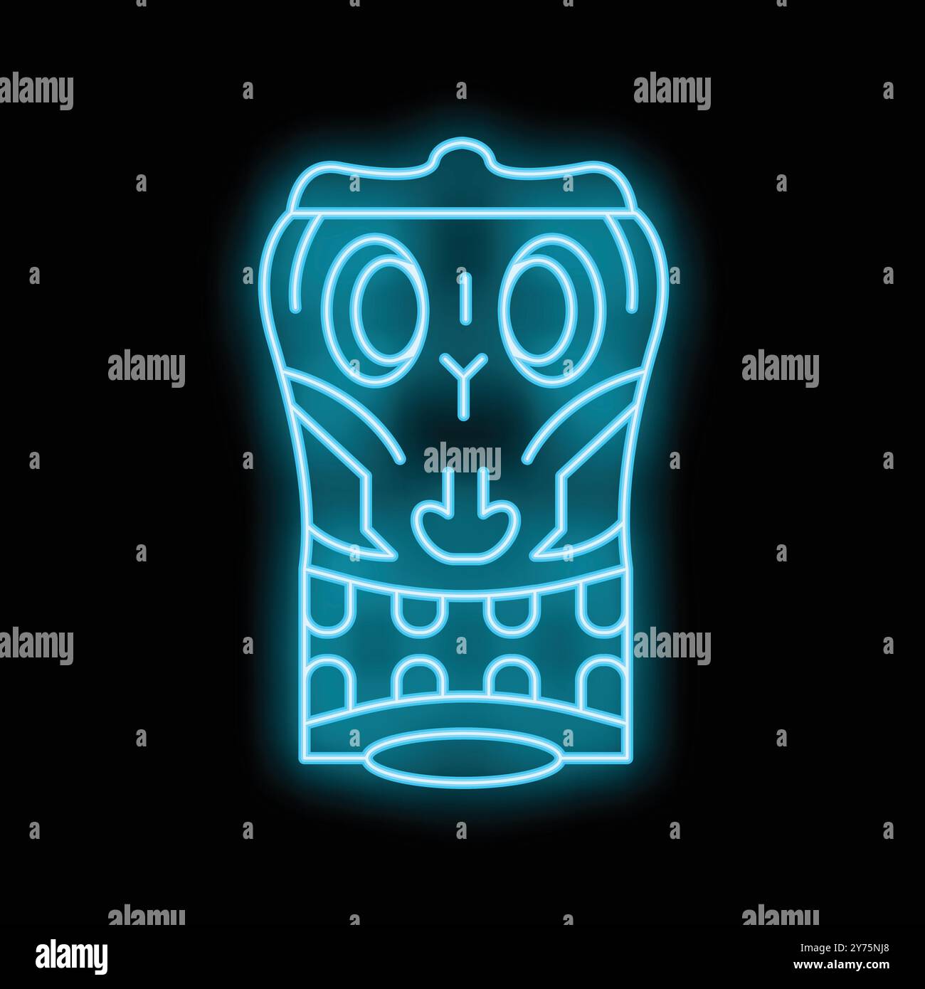 Il simbolo blu brillante di un idolo tiki che si illumina su uno sfondo nero Illustrazione Vettoriale