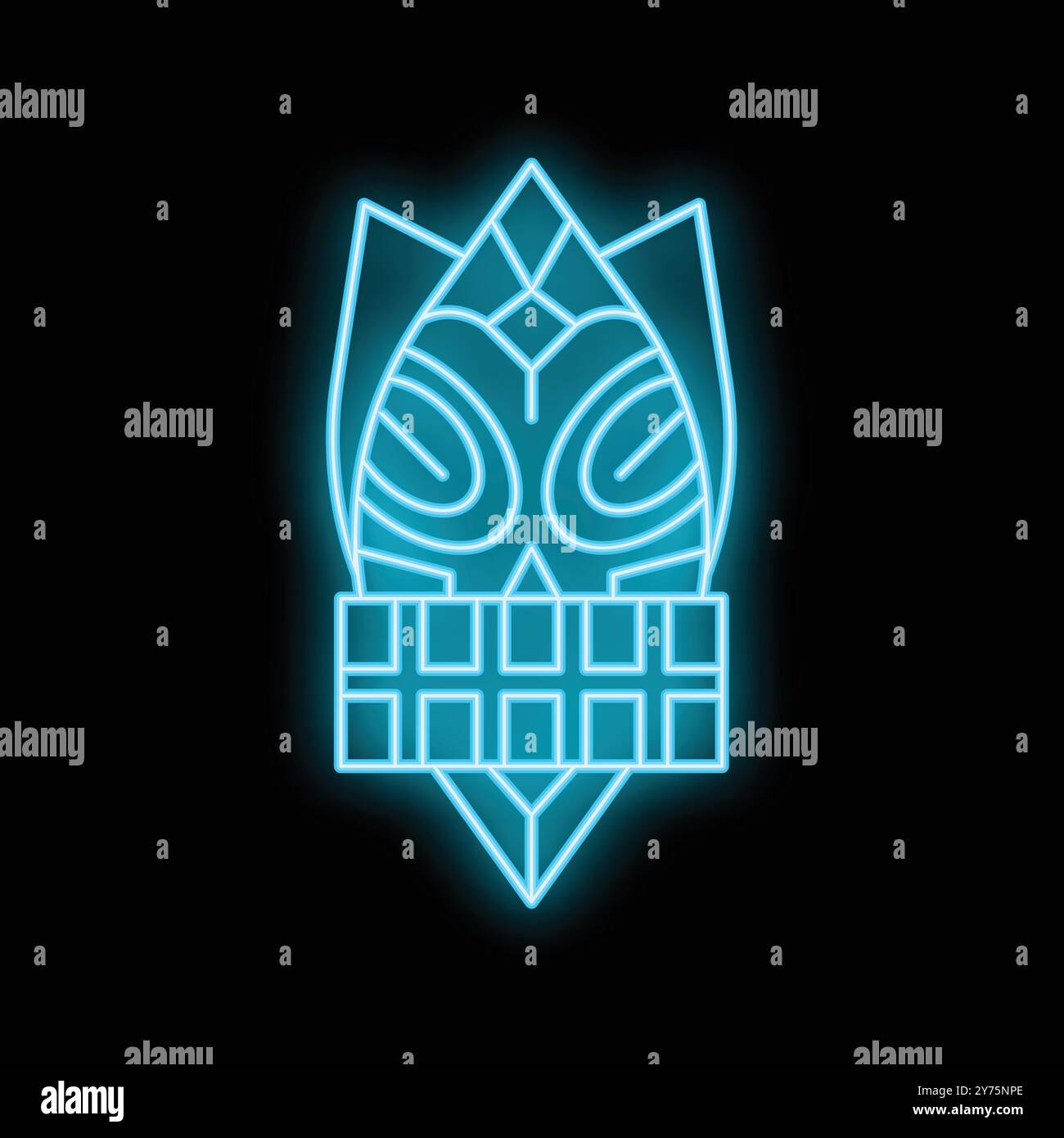 Maschera tiki blu neon che si illumina al buio, rappresentando culture polinesiane ed esotiche Illustrazione Vettoriale