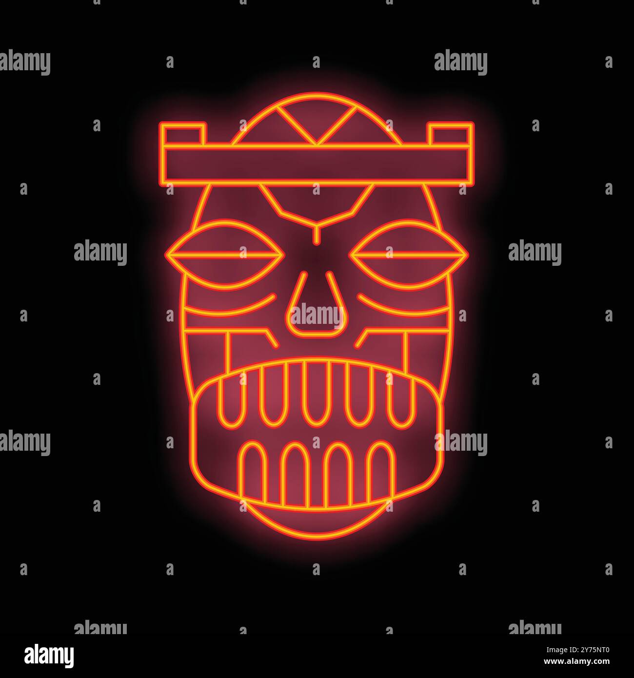 Insegna al neon arancione brillante che raffigura un idolo tiki con occhi brillanti e bocca su sfondo scuro Illustrazione Vettoriale