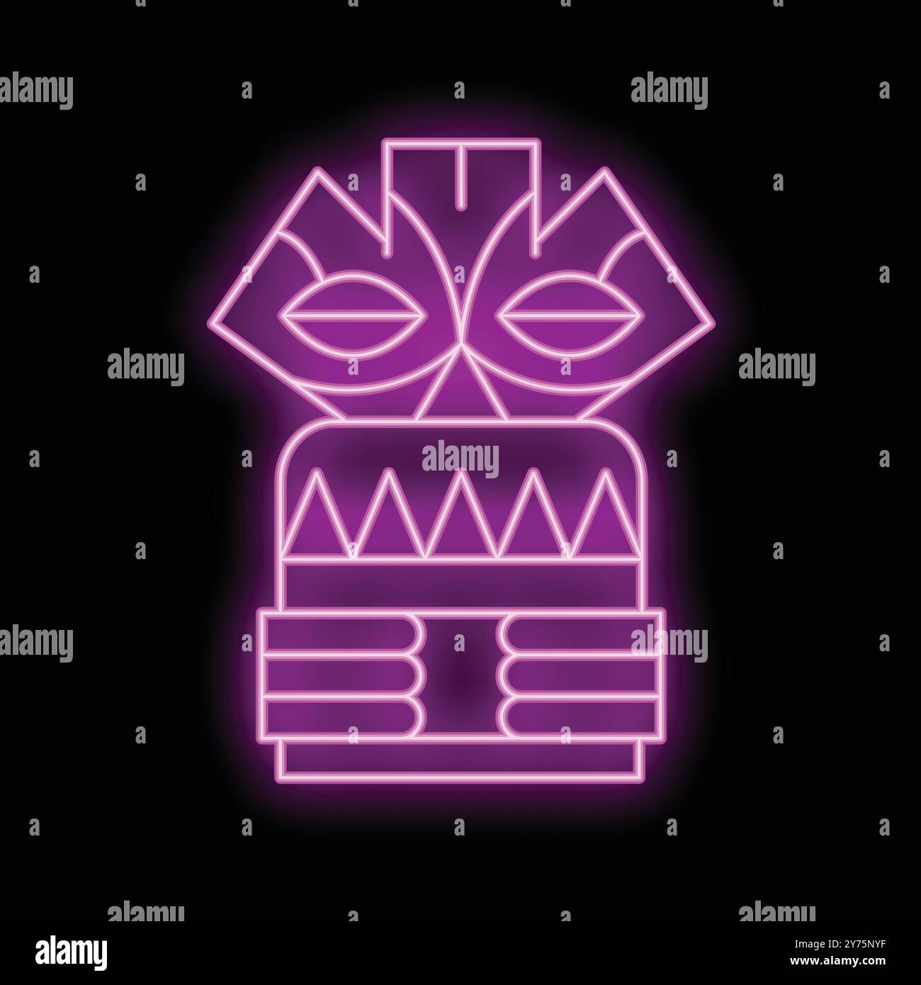 Segno rosa al neon di un idolo tiki che si illumina su uno sfondo nero Illustrazione Vettoriale
