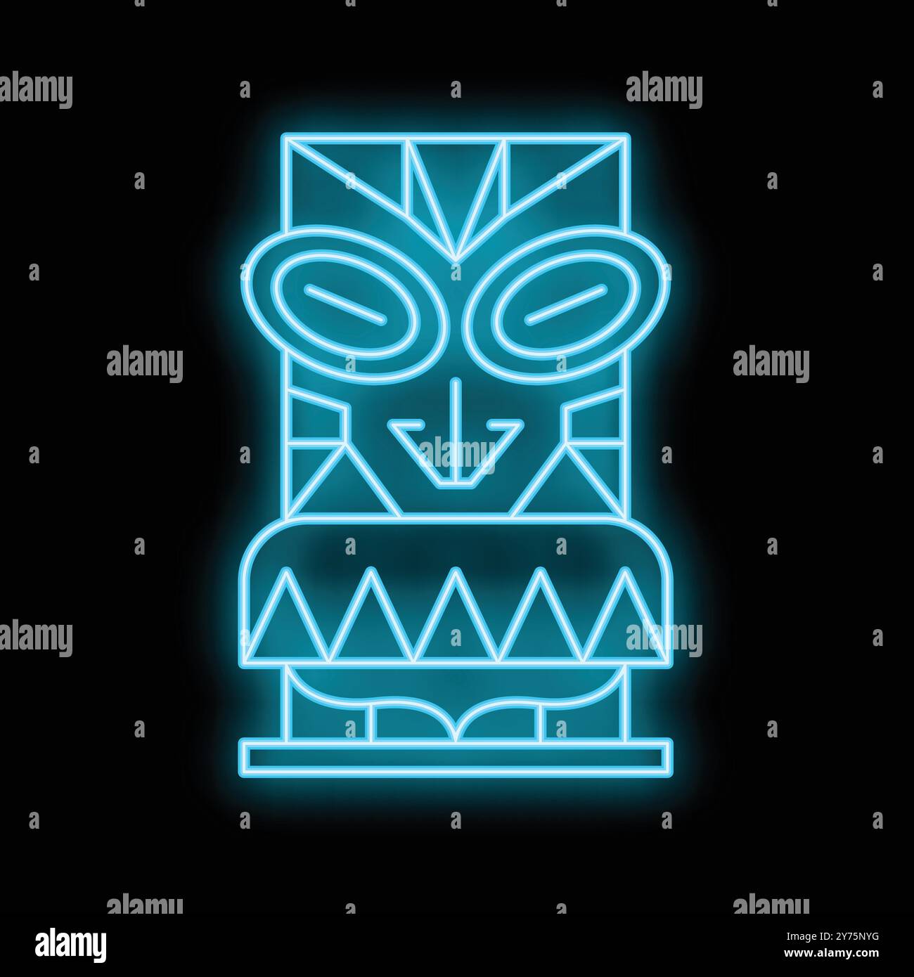 Insegna al neon blu brillante raffigurante un idolo tiki che si illumina su uno sfondo nero Illustrazione Vettoriale