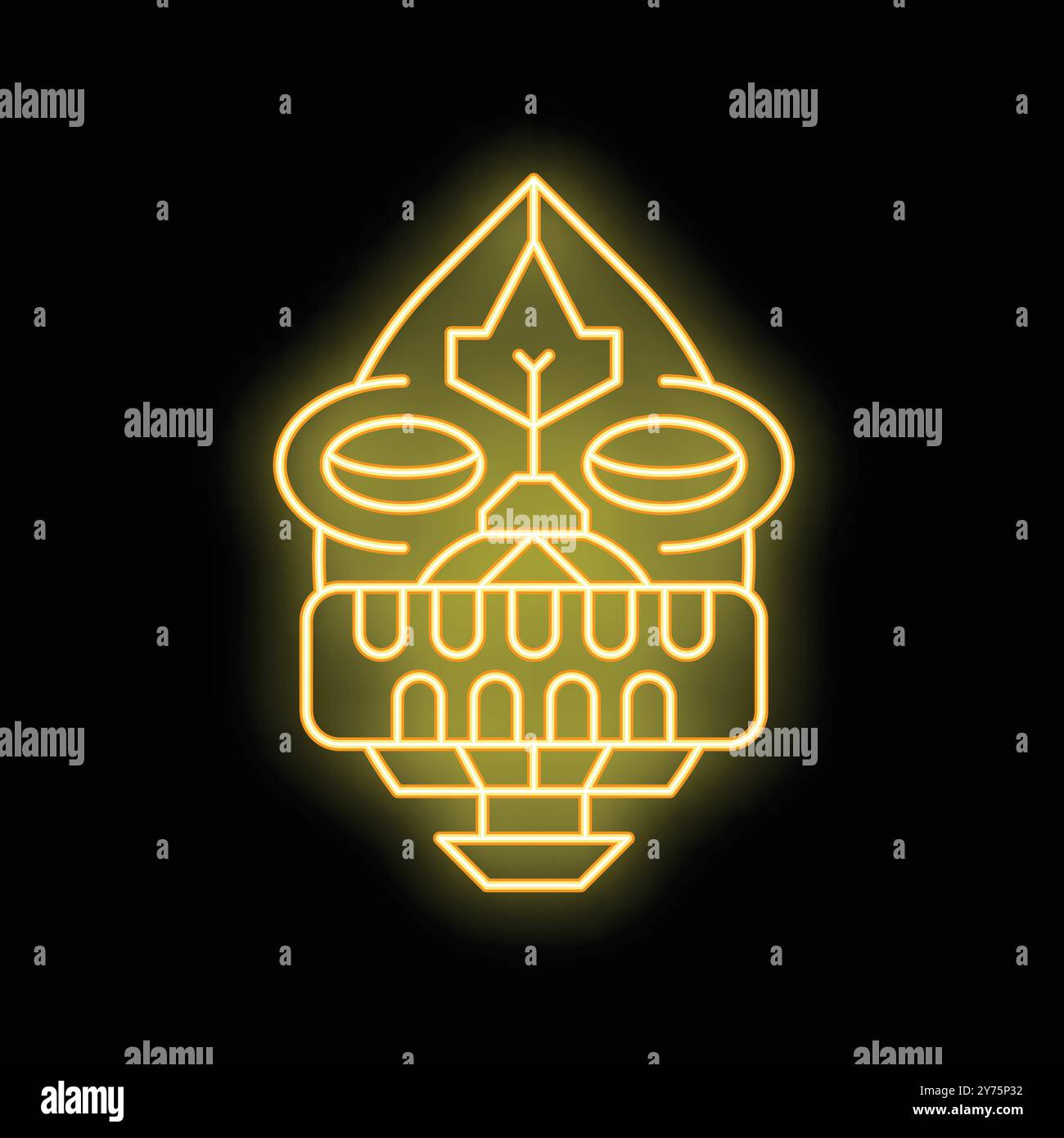 Insegna gialla al neon che rappresenta una maschera tiki tribale illuminata su sfondo nero, un'illustrazione perfetta per concetti di esotismo e cultura tribale Illustrazione Vettoriale