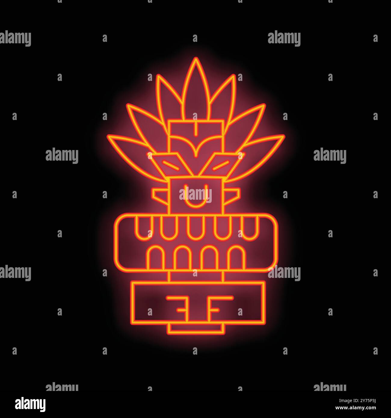 Luminoso cartello al neon che raffigura un idolo tiki su sfondo nero, evocando la cultura e la mitologia polinesiane Illustrazione Vettoriale