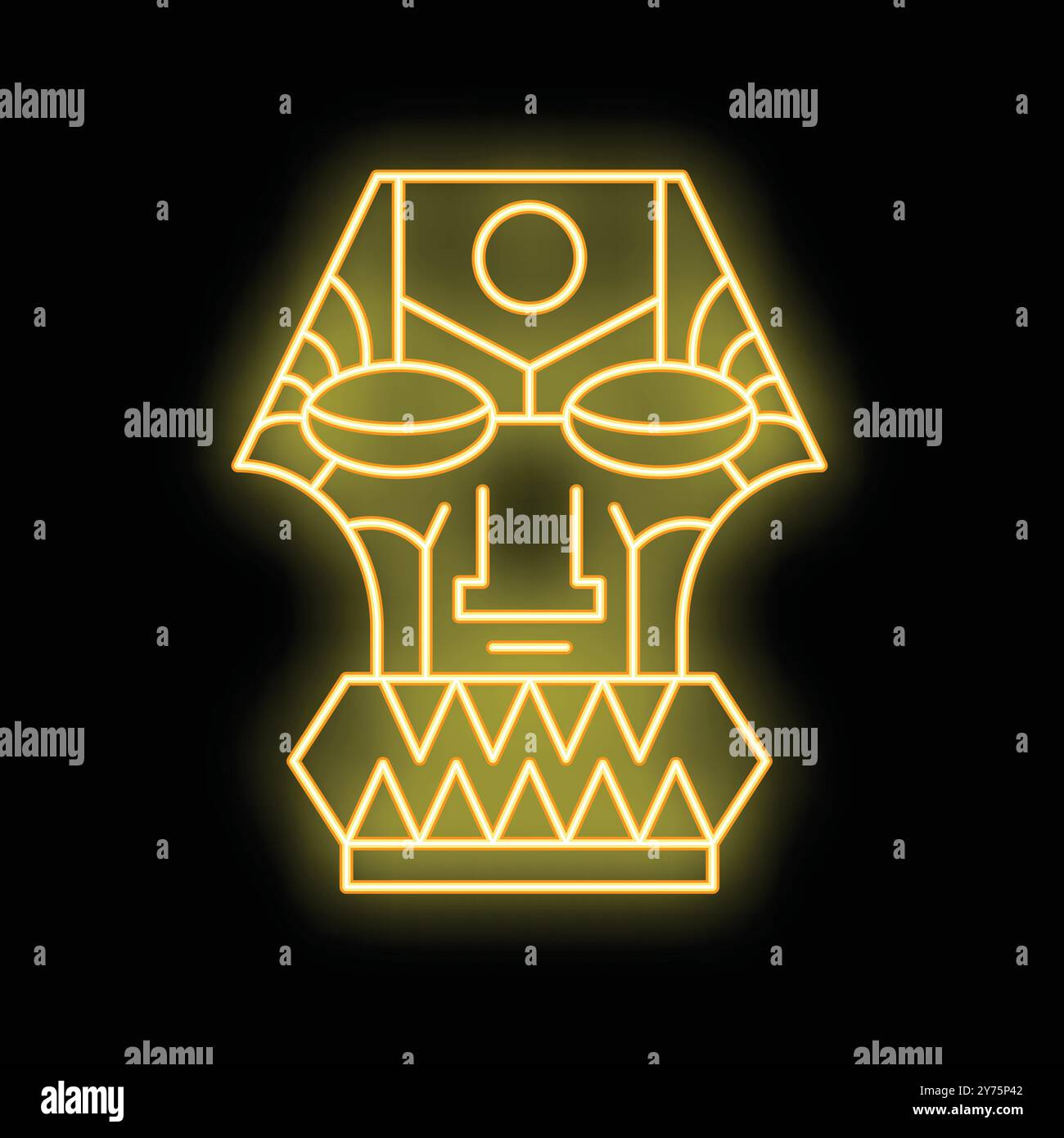Insegna al neon che rappresenta la testa di un idolo tiki, per decorazioni esotiche o pubblicità Illustrazione Vettoriale