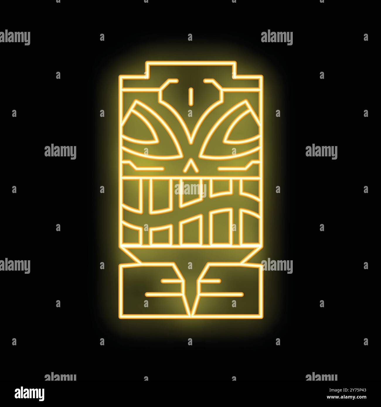 Un brillante segno neon di un idolo tiki sta brillando su uno sfondo nero Illustrazione Vettoriale