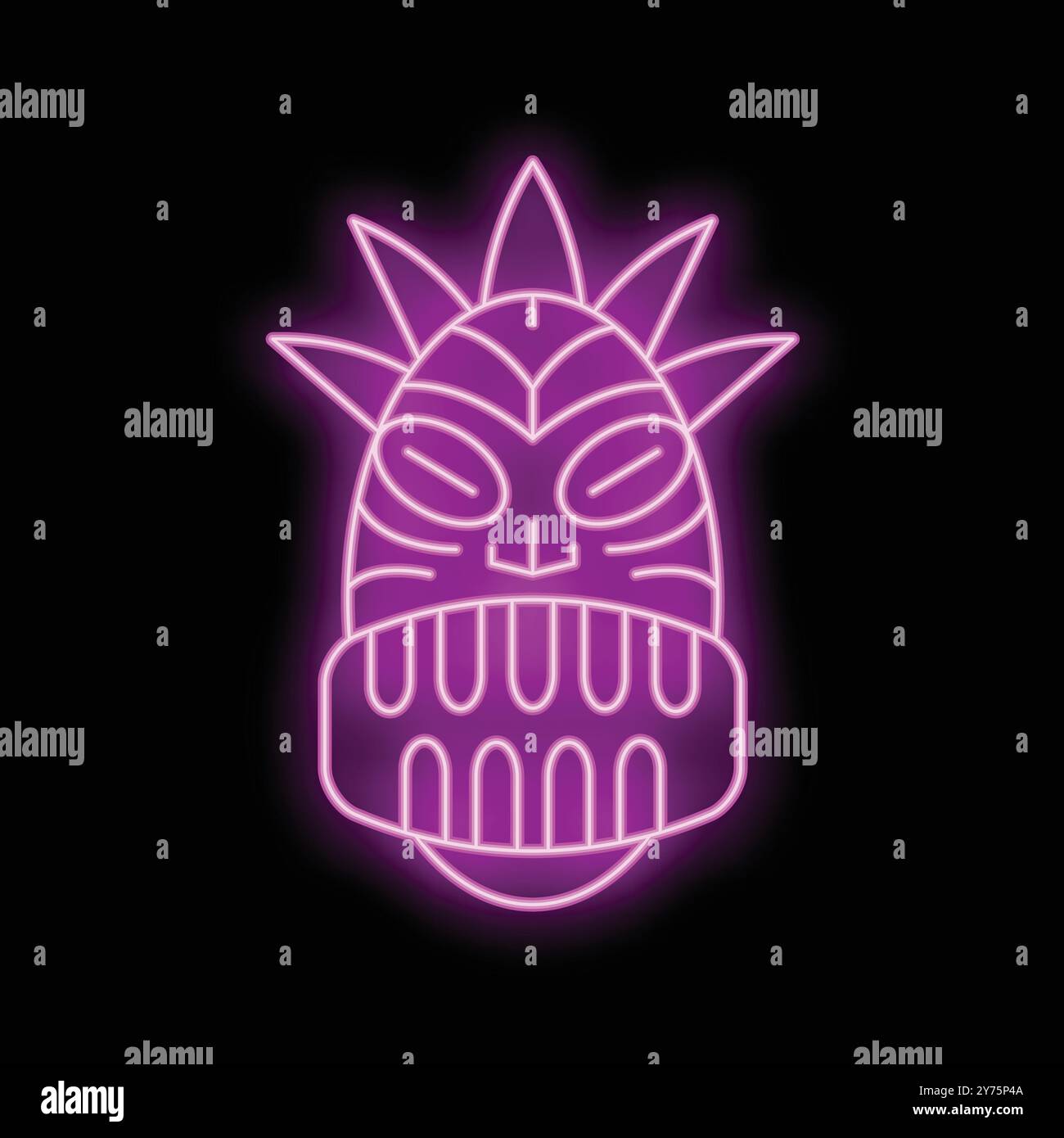 Luminoso cartello al neon che raffigura una maschera tiki con denti affilati e una bocca aperta, che si illumina su uno sfondo nero Illustrazione Vettoriale