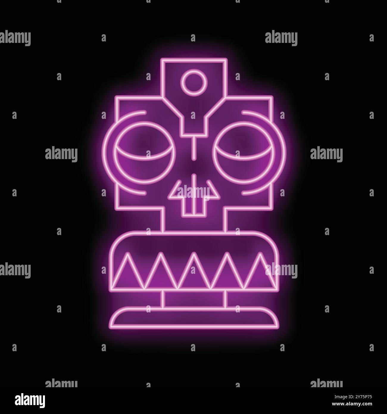 Un luminoso cartello al neon che mostra un idolo tiki con grandi occhi e un naso cranico, su sfondo nero Illustrazione Vettoriale