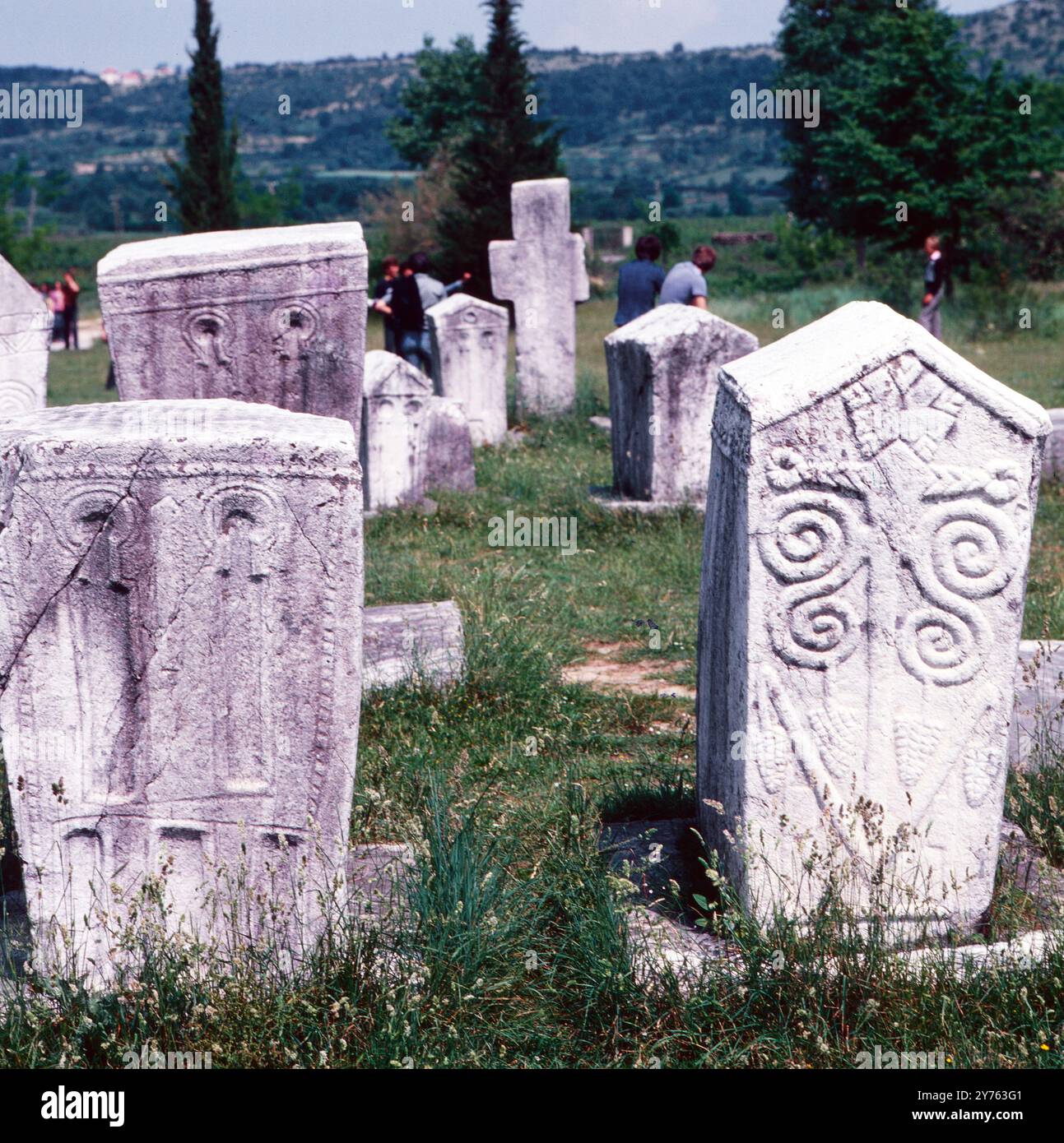Totenkultsteine, sog. "Bogomiitew" a Stolac in der Region Bosnien, Jugoslawien um 1981. Foto Stock