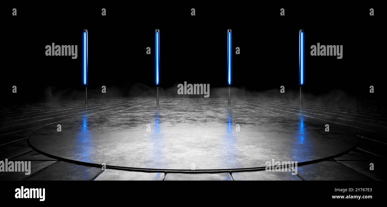 Magazzino buio vuoto con podio. Magazzino futuristico. Showroom. Hangar con piastrelle metalliche. Sala esposizioni. Background industriale. Corridoio futuristico Foto Stock