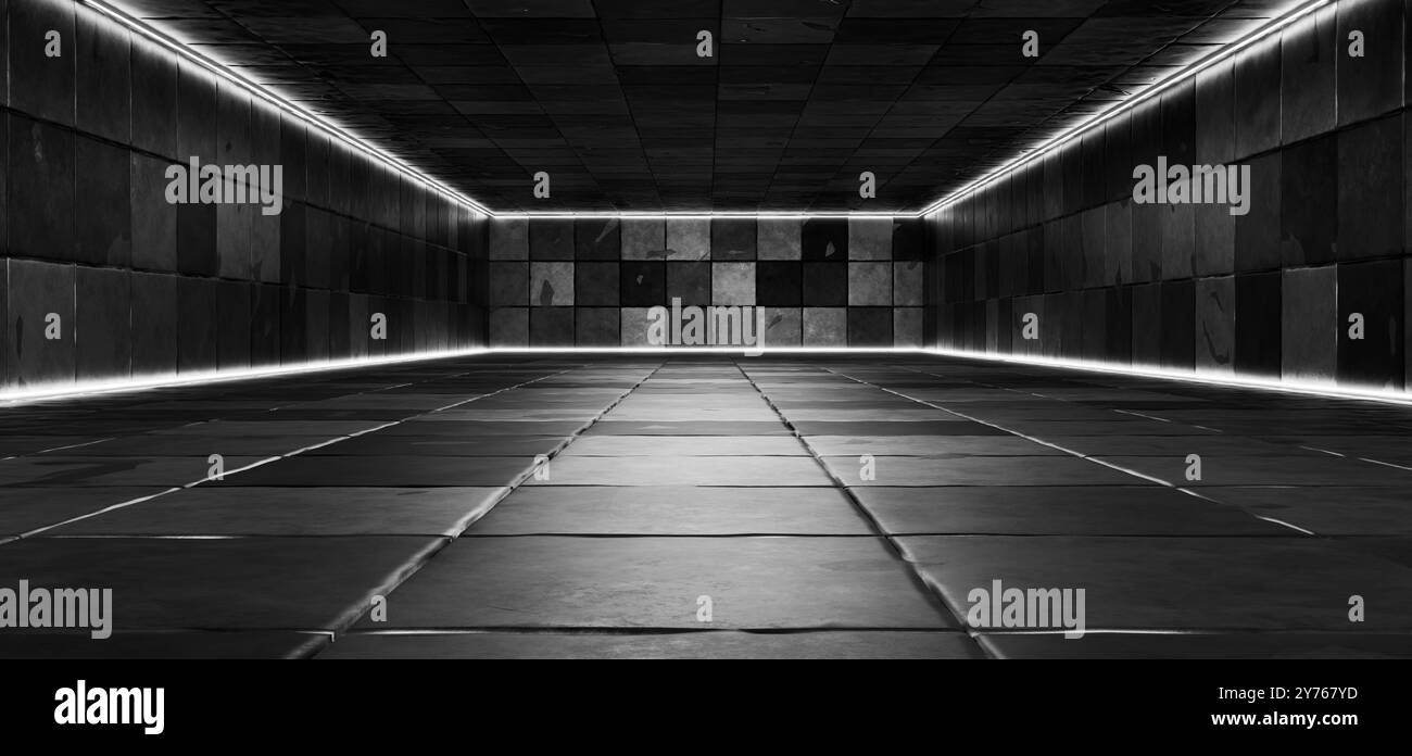 Luce al neon bianca negli angoli dell'hangar. Magazzino futuristico. Hangar con piastrelle metalliche. Garage. Magazzino buio vuoto con pavimento e pareti piastrellate. Foto Stock