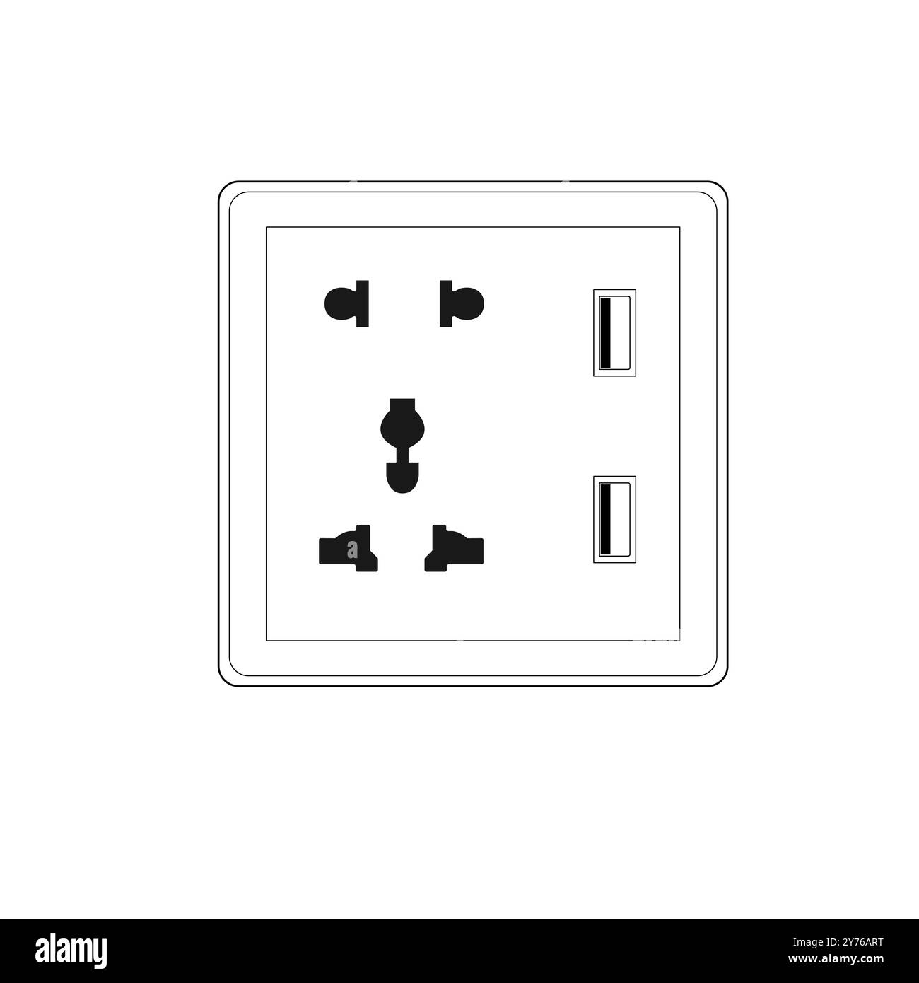 Connettore femmina per interruttore a parete multiplo tipo 86 a 2 vie con connettore femmina a 2 porte USB, illustrazione vettoriale di tipo Outline Illustrazione Vettoriale