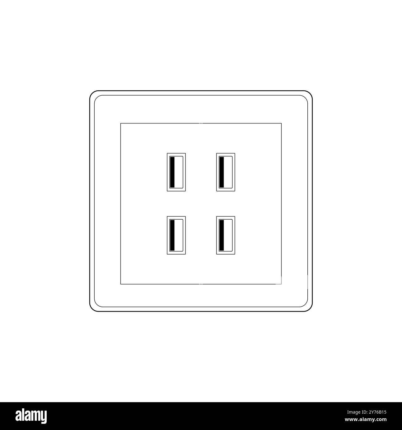 4 porte USB presa di corrente per caricabatteria da parete presa di corrente per pannello elettrico, illustrazione vettoriale di tipo Outline Illustrazione Vettoriale