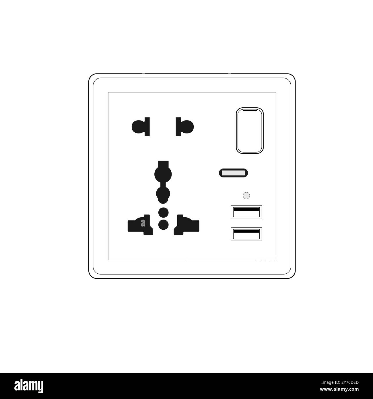 Connettore femmina per interruttore a parete multiplo a 2 vie tipo 86 con connettore femmina a 2 porte USB e indicatore luminoso, illustrazione vettoriale in stile Outline Illustrazione Vettoriale