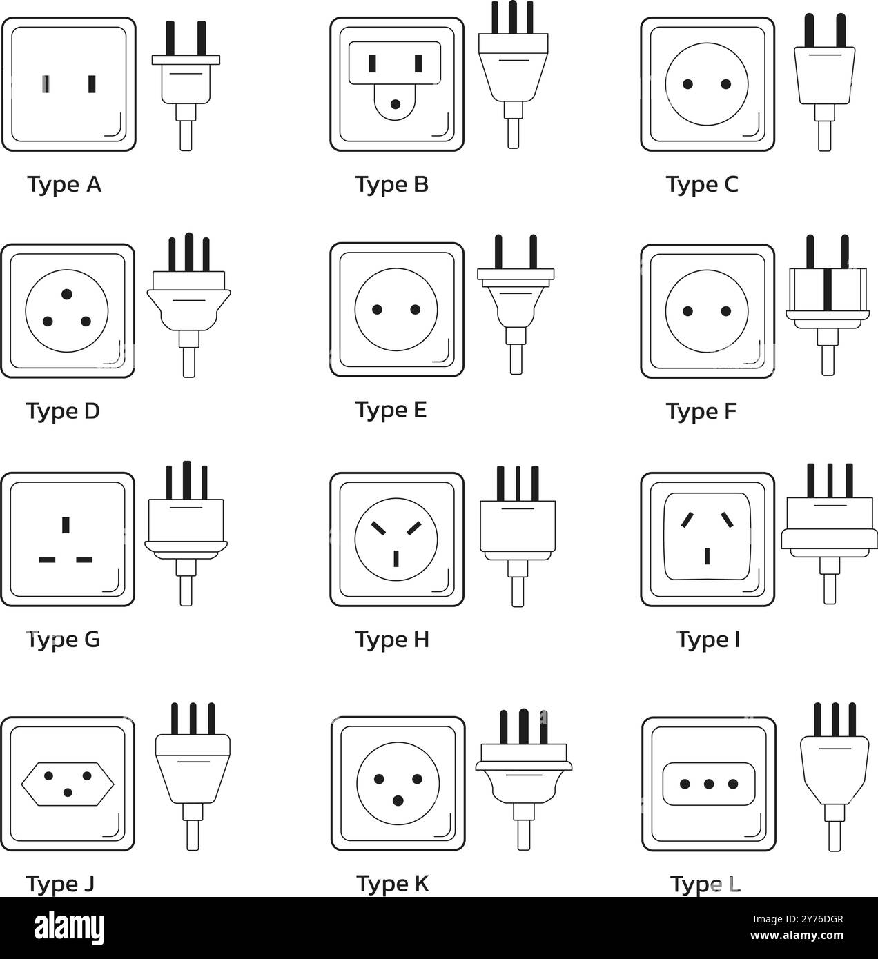 prese elettriche su sfondo bianco, dotate di un set diversificato di prese di alimentazione Illustrazione Vettoriale