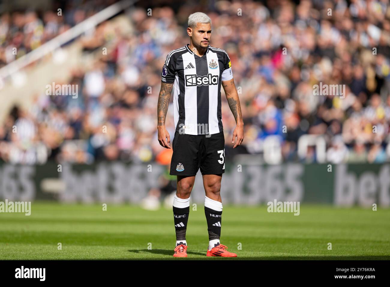 Newcastle, Regno Unito. 28 settembre 2024. St. James' Park NEWCASTLE, INGHILTERRA - SETTEMBRE 28: Bruno Guimarães di Newcastle guarda durante la partita di Premier League 2024/25 Matchweek 6 tra Newcastle United e Manchester City al St. James' Park il 28 settembre 2024 a Newcastle, Inghilterra. (Foto di Richard Callis/SPP) (Richard Callis/SPP) credito: SPP Sport Press Photo. /Alamy Live News Foto Stock