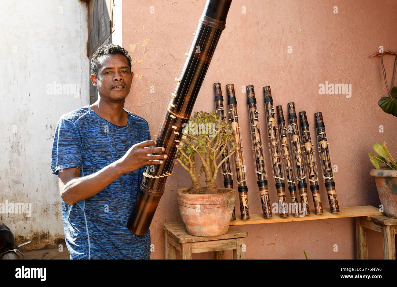 Antsirabe. Strumenti musicali tradizionali (valiha, cetriolo). Regione di Vakinankaratra, Madagascar. Foto Stock