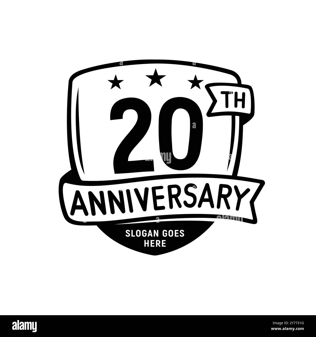 modello per il design dello scudo per festeggiare il 20° anniversario. logo del ventesimo anniversario. Vettore e illustrazione. Illustrazione Vettoriale