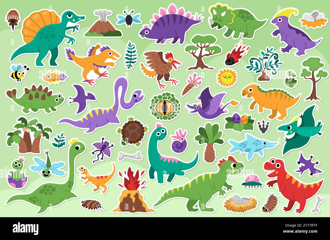 Confezione di adesivi per dinosauri vettoriali. Graziosa collezione di icone di animali preistorici. Illustrazioni Dino con Pterodactyl, Stegosaurus, Tyrannosaurus, Triceratops, Illustrazione Vettoriale