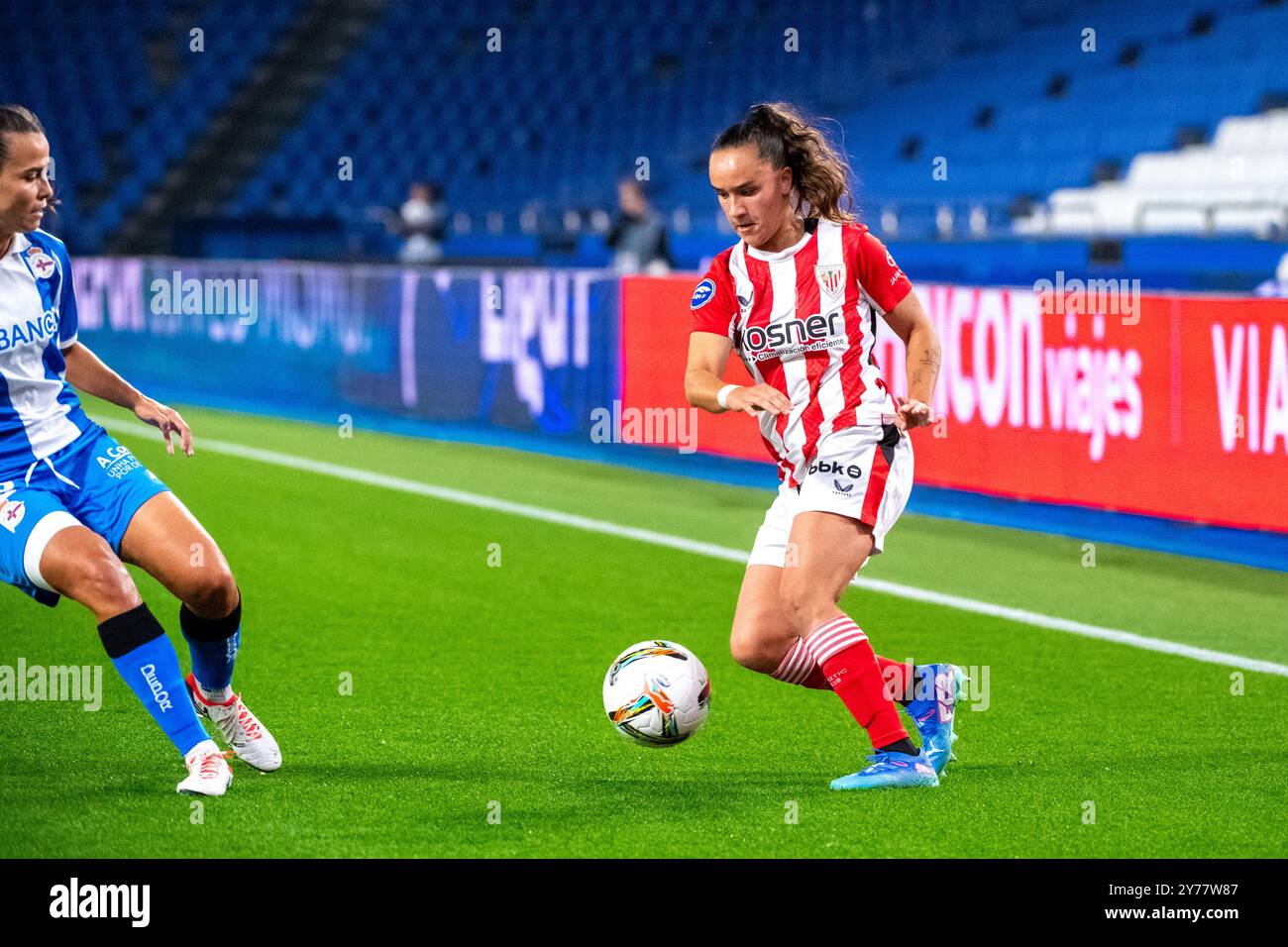 Coruña, Spagna. 28 settembre 2024. Calcio femminile in prima divisione. RC Deportivo Abanca vs Athletic Club Bilbao. Stadio Riazor. Nerea Nevado credito: Ismael Miján/Alamy Live News Foto Stock